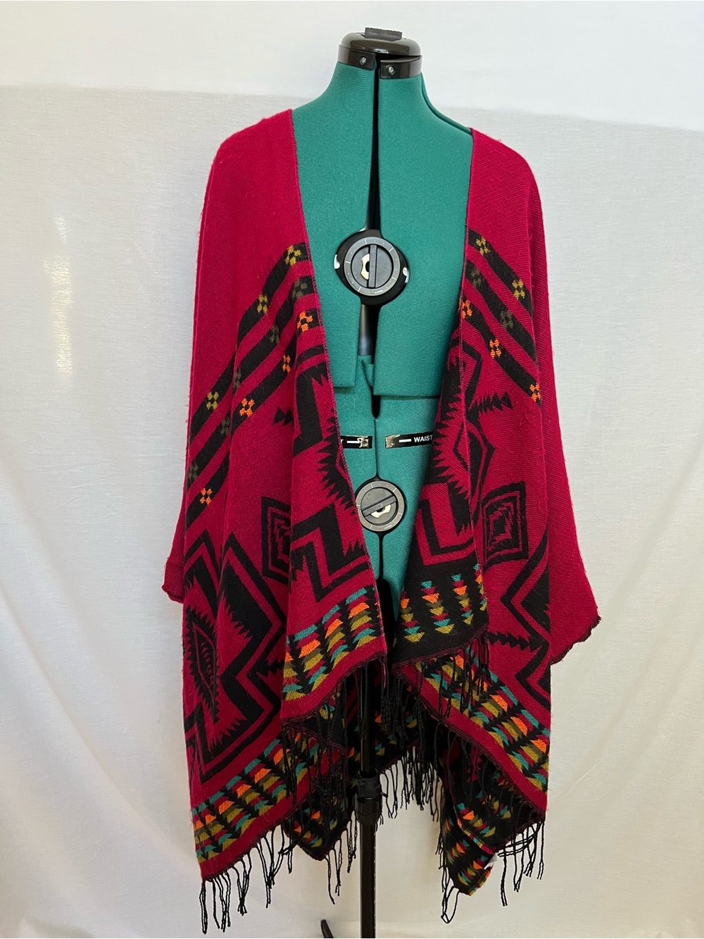Red Aztec-Pattern Cotton Blend Fringed Poncho Scarf